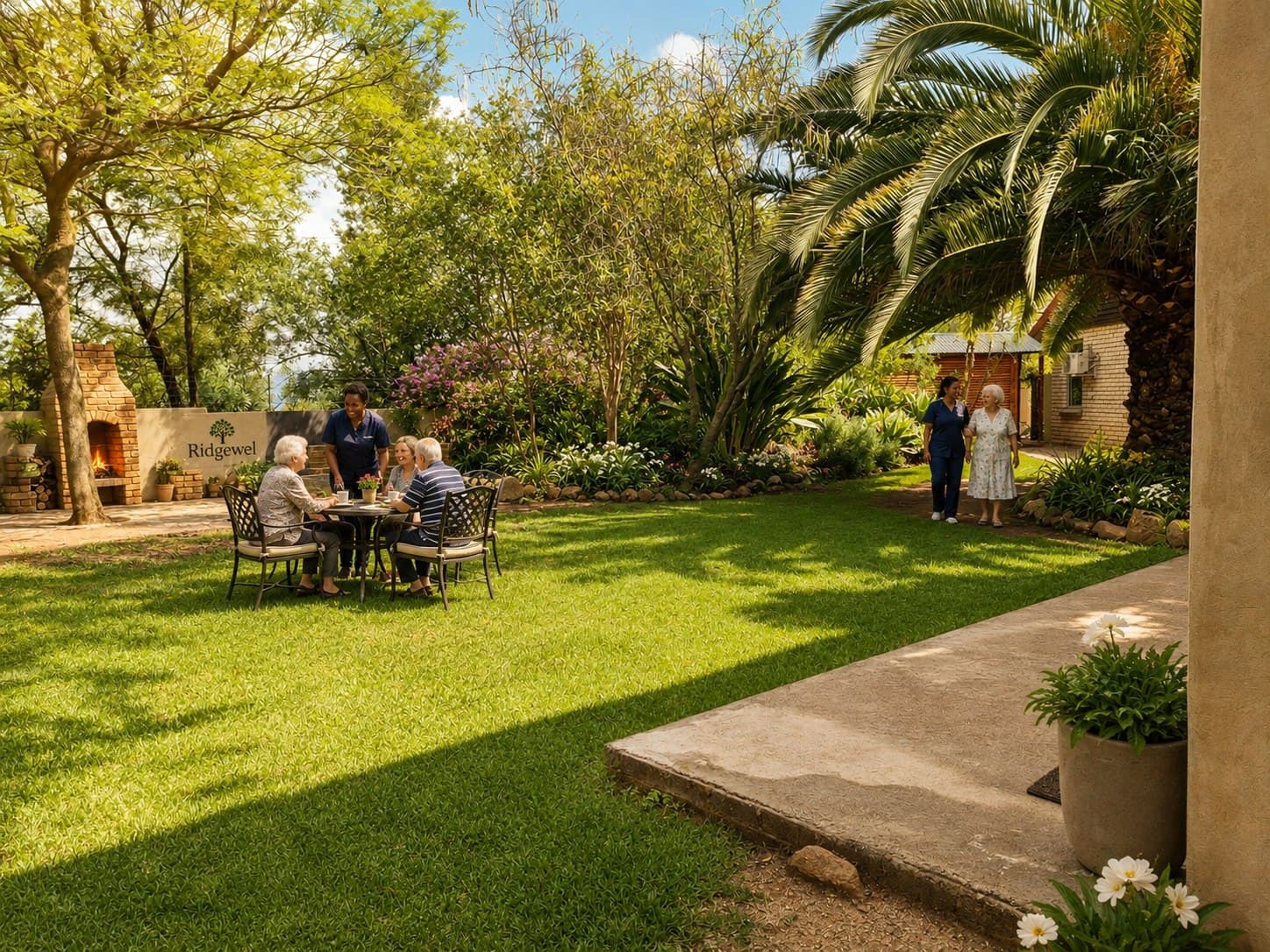 Residents and staff socialising in the garden at Ridgewel
